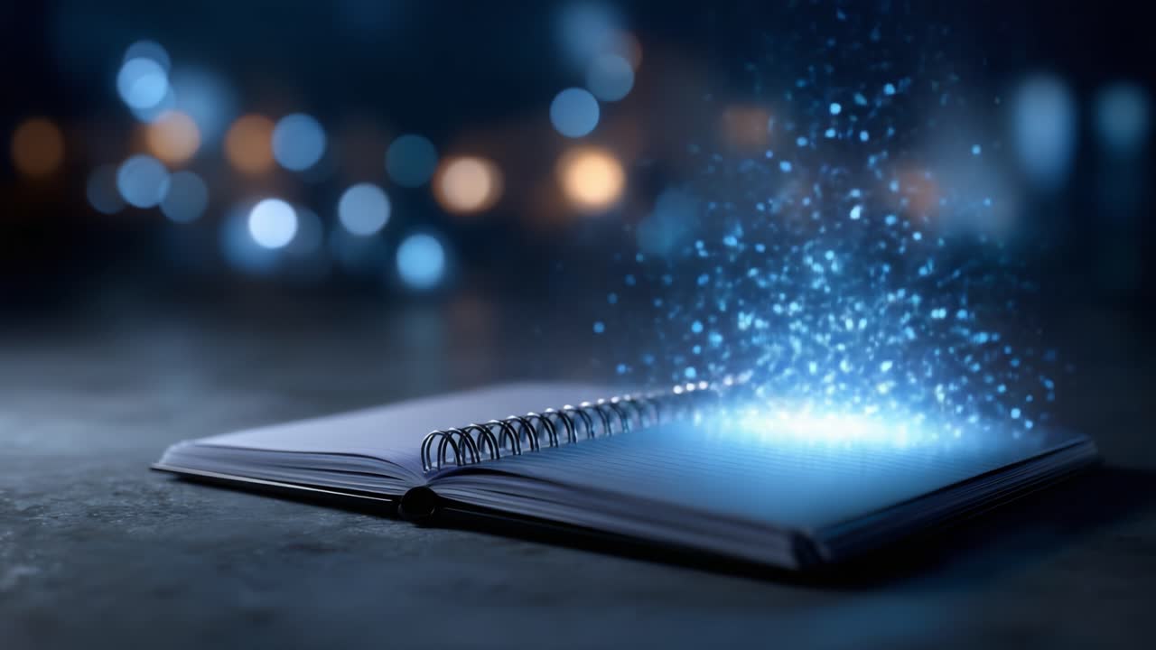 Un quaderno incantato: un viaggio attraverso l'immaginazione e la creatività che si trasforma con scintillii magici in un ambiente da sogno