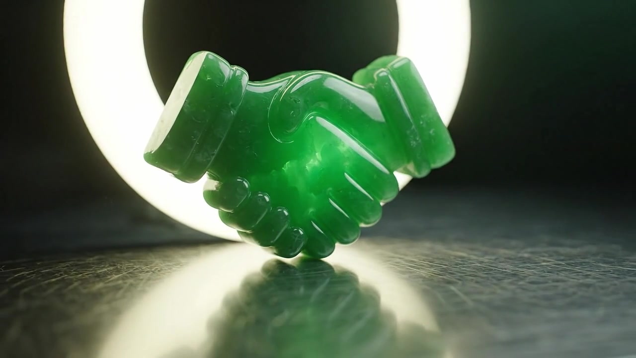 Two frames showcasing a glossy green handshake sculpture illuminated by a circular light, emphasizing themes of partnership, unity, and collaboration in art.