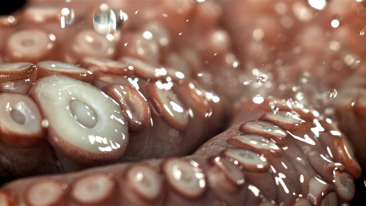 Gocce d'acqua che schizzano sulle ventose di tentacoli di polpo freschi al rallentatore.