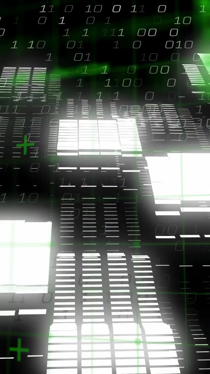 Vertical video: Central tiled panels brightening and enlarging after depth shift, forming tech grid