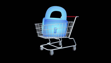 concept of buying or selling protection and security. a lock symbol lies in a grocery shopping cart. animation 3d icons. business and commerce industry. security supply and demand.