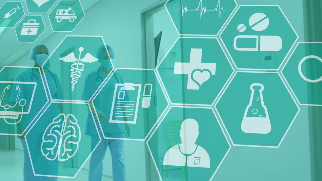 얼굴 마스크를 쓴 다양한 의사들이 걸어다니는 의학 아이콘의 애니메이션