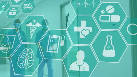 animación de iconos médicos sobre diversos médicos con máscaras faciales caminando