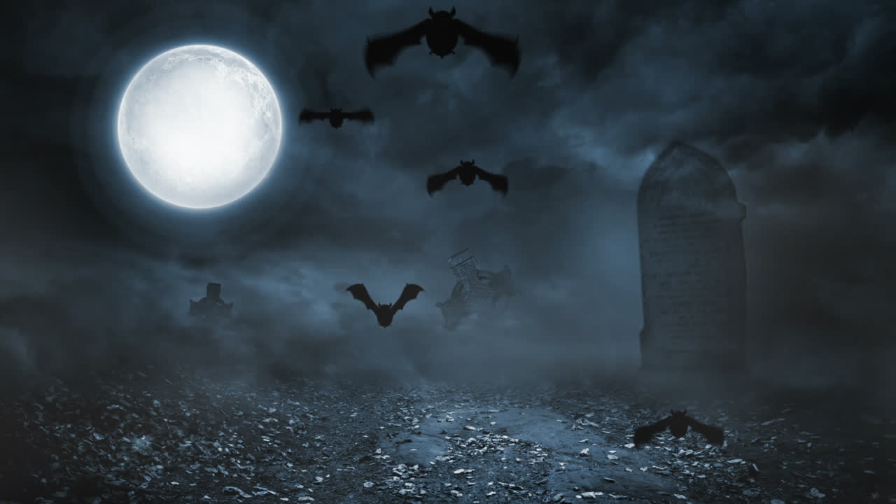Animazione di pipistrello spaventoso per Halloween in un cimitero