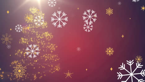 animación de copos de nieve cayendo sobre una estrella fugaz formando un árbol de navidad contra un fondo rojo