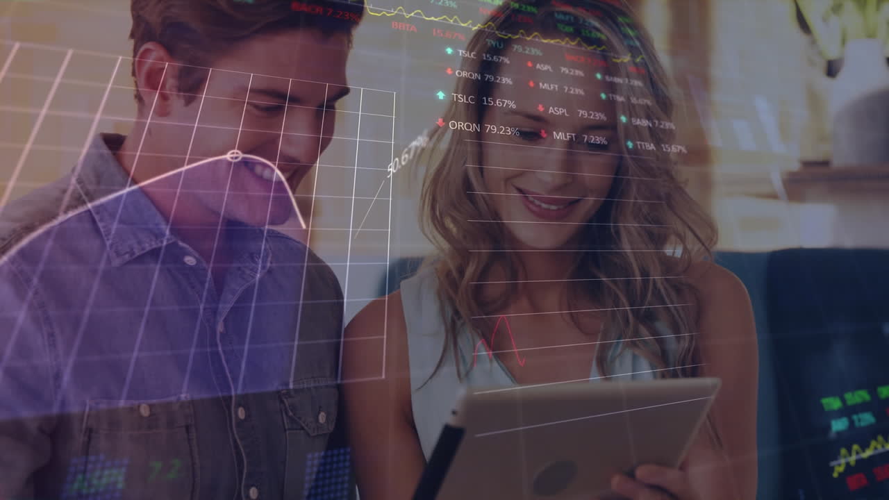 Animation of statistical, stock market data processing over caucasian couple using tablet at a cafe