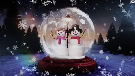 Animation-Von-Schnee,-Der-über-Schneeball-Und-Winterlandschaft-Fällt