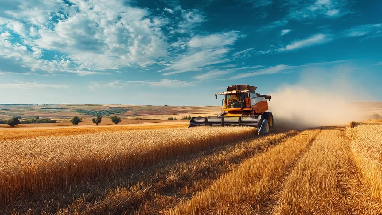 Farmer using a combine harvester in golden wheat field during daytime