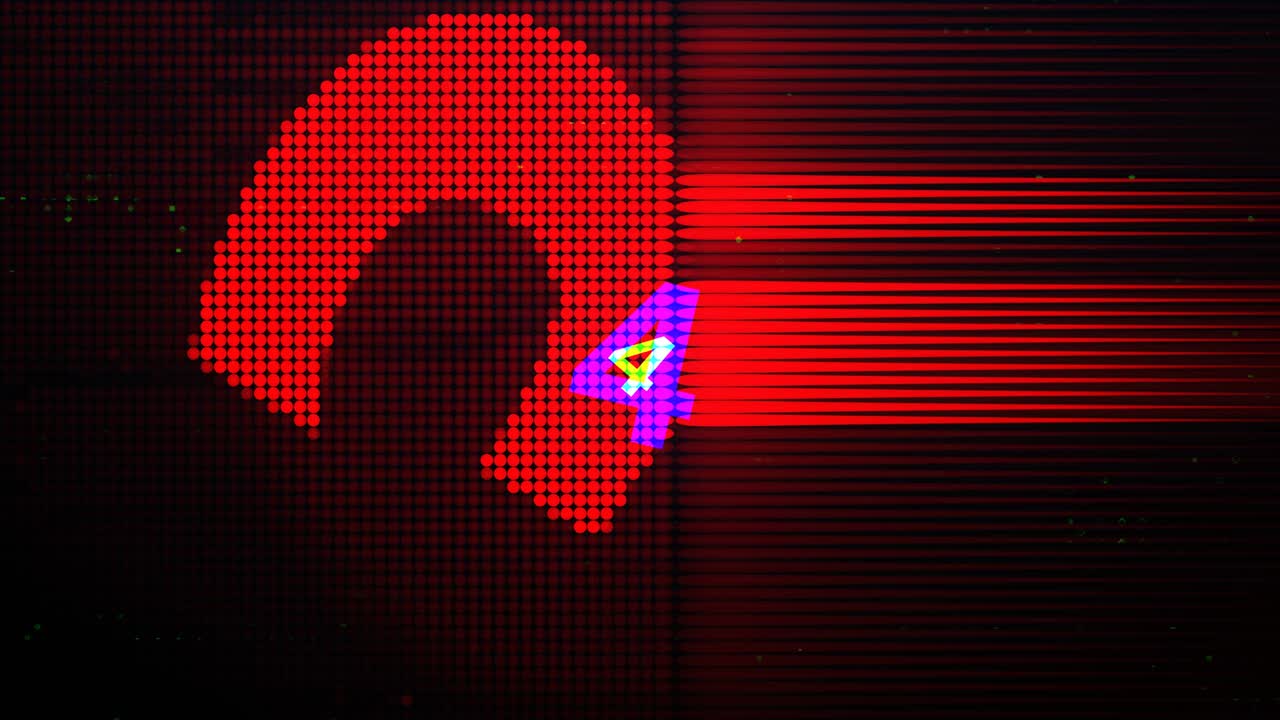 animación retro. las palabras están listas, apareciendo con ruido digital y fallos. cuenta atrás de 5 a 1.