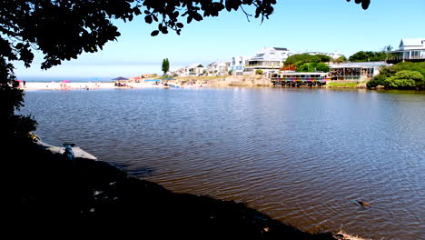 view over onrus lagoon as beachgoers enjoy beach time near restaurant and houses