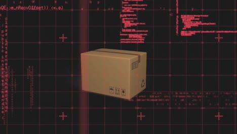 Data processing on grid network over delivery box falling against black background