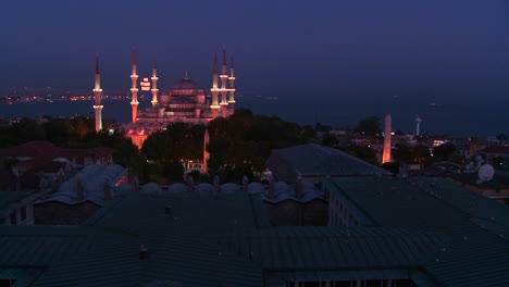 wide shot at night of the blue mosque istanbul turkey