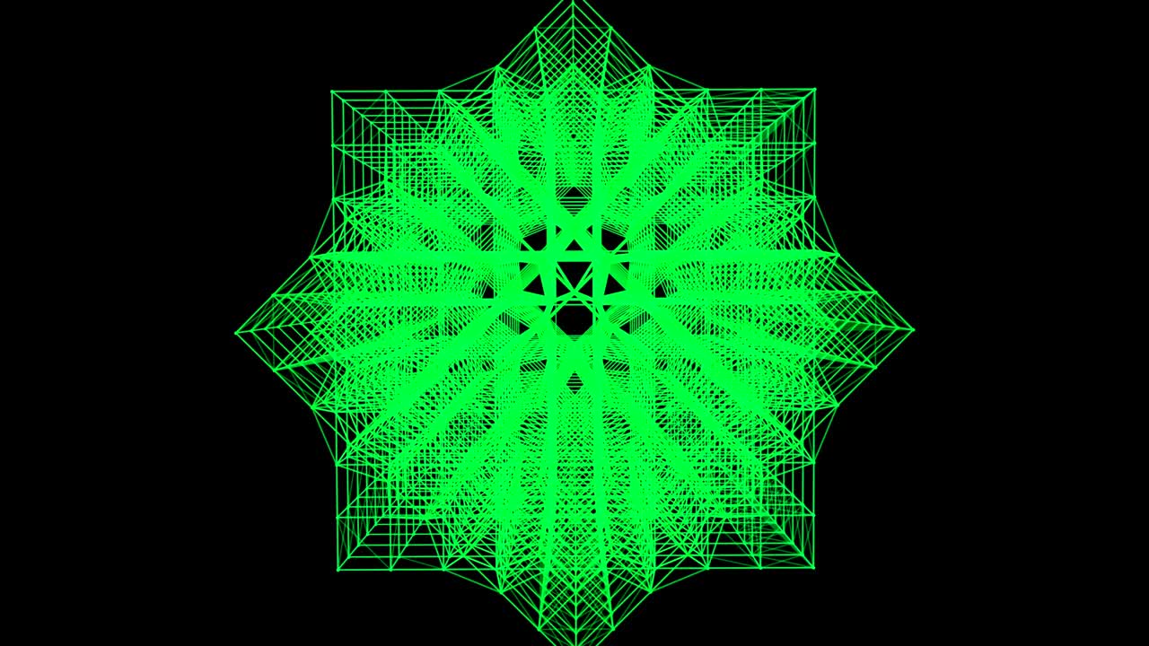 3d Rub el Hizb of green particles rotating on black background.