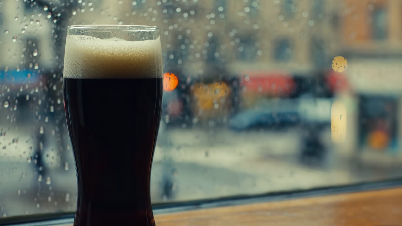 Yağmurda Pencere Kenarında Koyu Stout Birası, Ahşap Pervazda Köpüklü Bir Stout Bardağını Gösteren Rahat Bir Pub Sahnesi, Yağmur Damlaları.