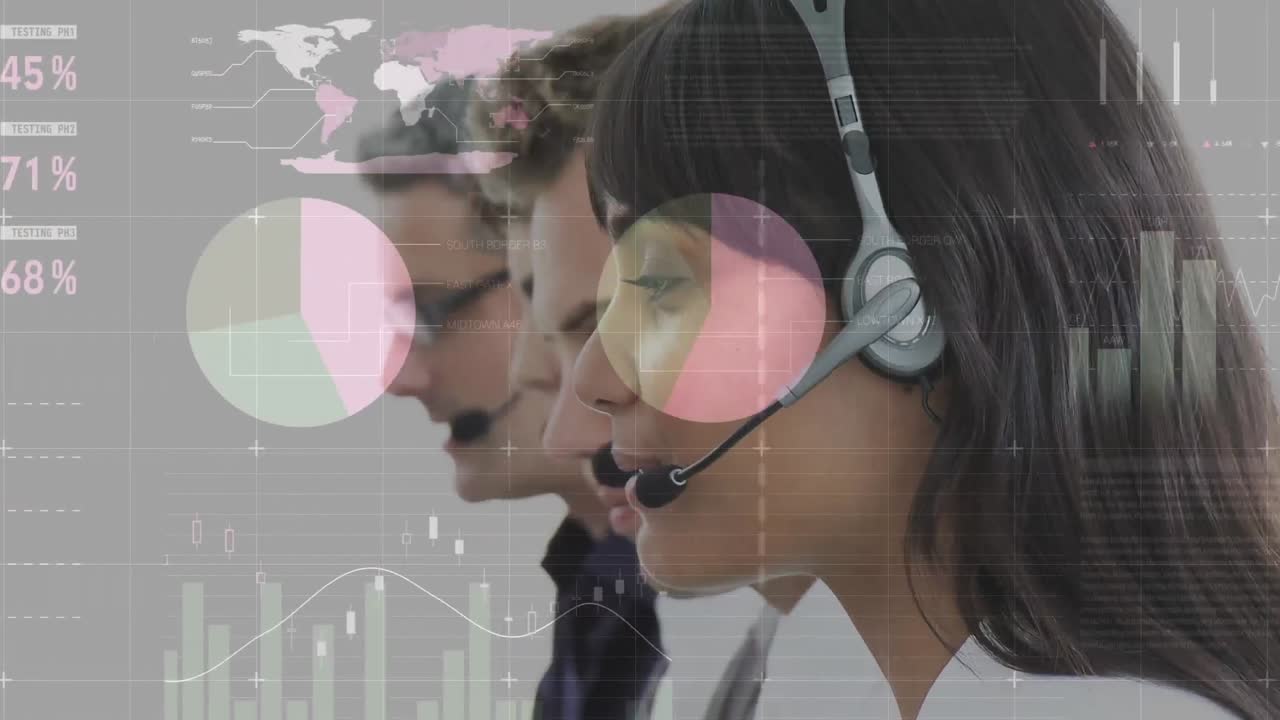 animación de estadísticas sobre personas de negocios que usan auriculares telefónicos