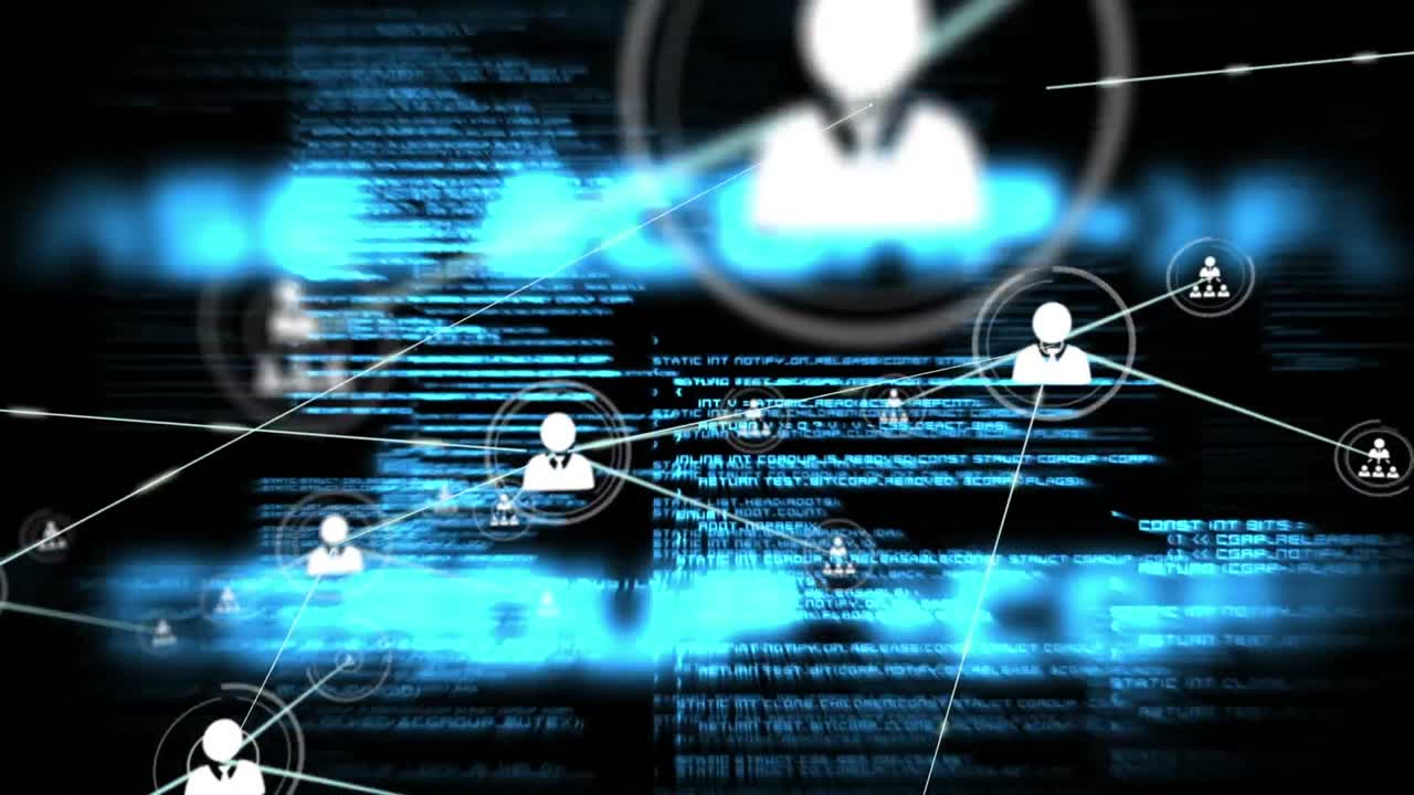 Animation of connected icons over illuminated looping computer language against black background