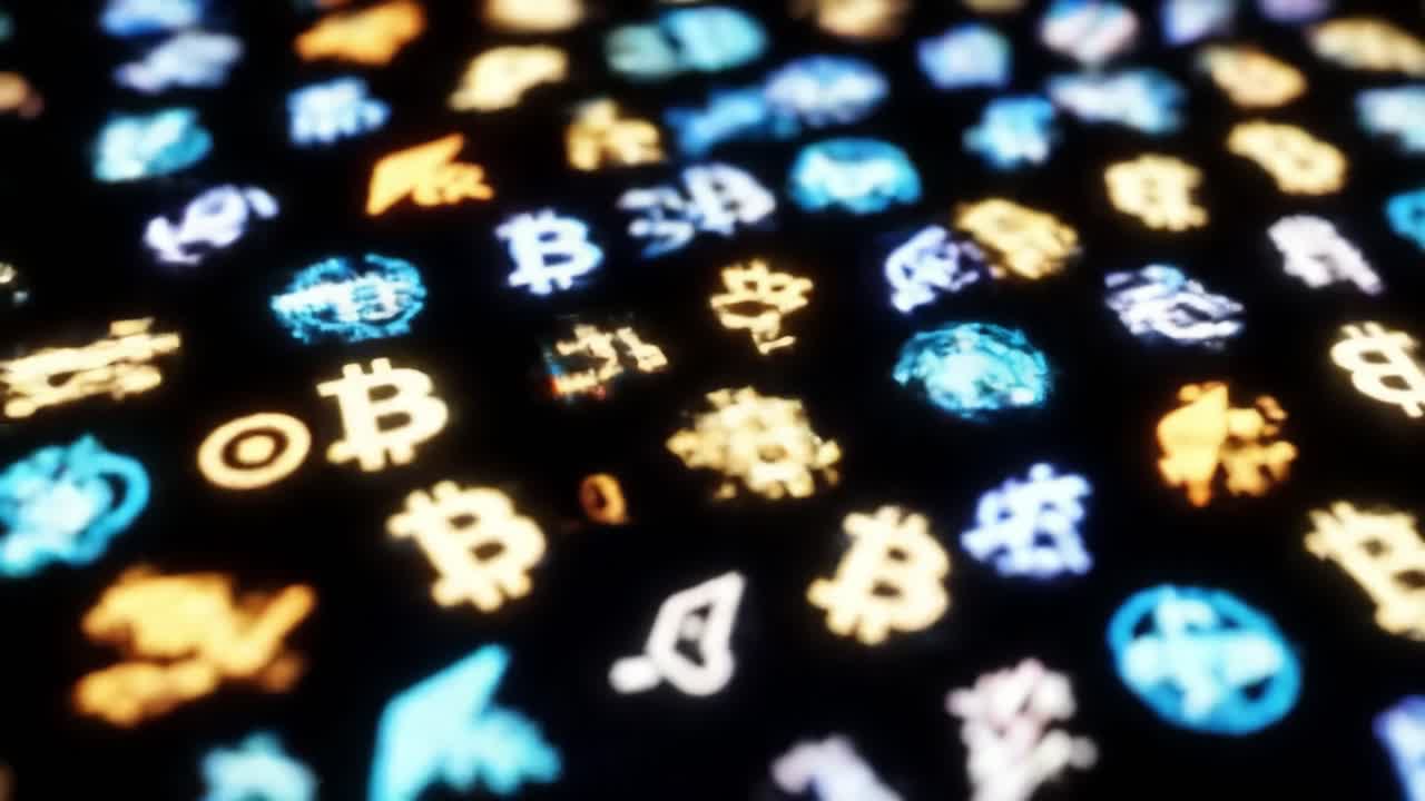 Colorful cryptocurrency symbols illuminate a dark backdrop, showcasing various digital currencies in vibrant detail. Each symbol reflects the growing popularity of crypto in finance.