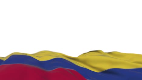 bandera de tela de colombia ondeando en el bucle del viento. bordado colombiano estandarte de tela cosida balanceándose en la brisa. fondo blanco medio lleno. lugar para el texto. bucle de 20 segundos.