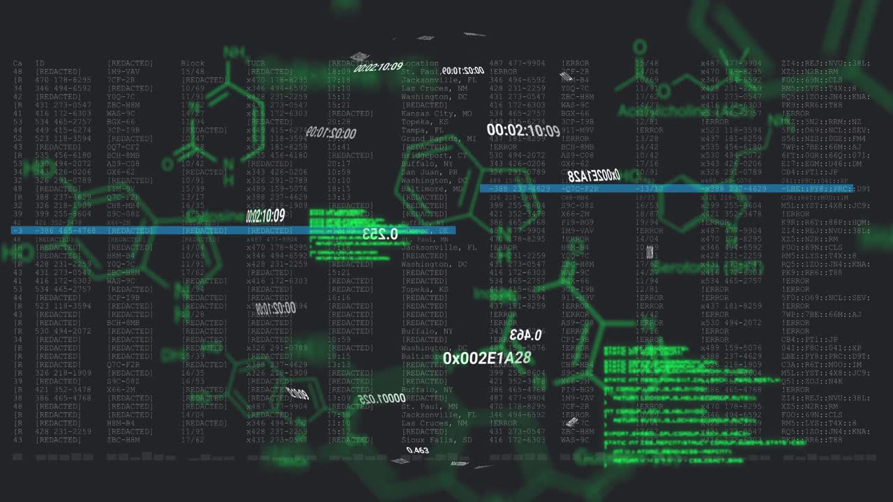 animación del procesamiento de datos sobre fórmulas químicas sobre fondo negro