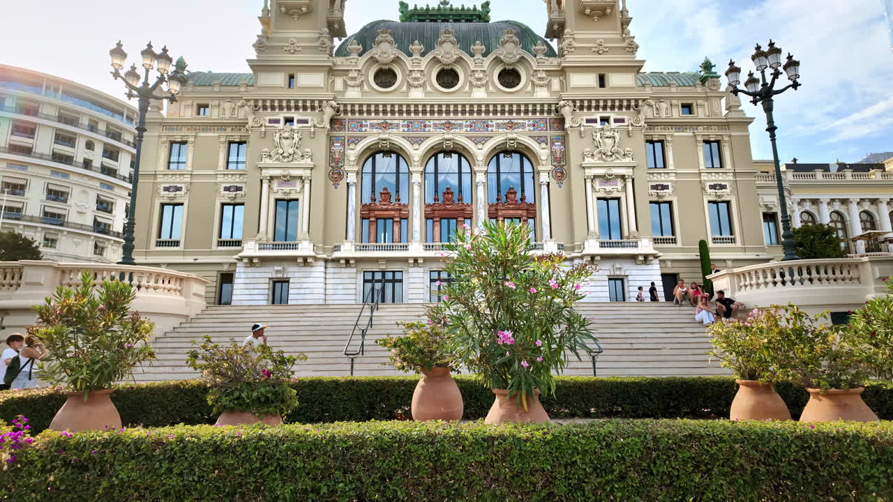 Slow motion of the facade of the Opera de Monte-Carlo in daylight