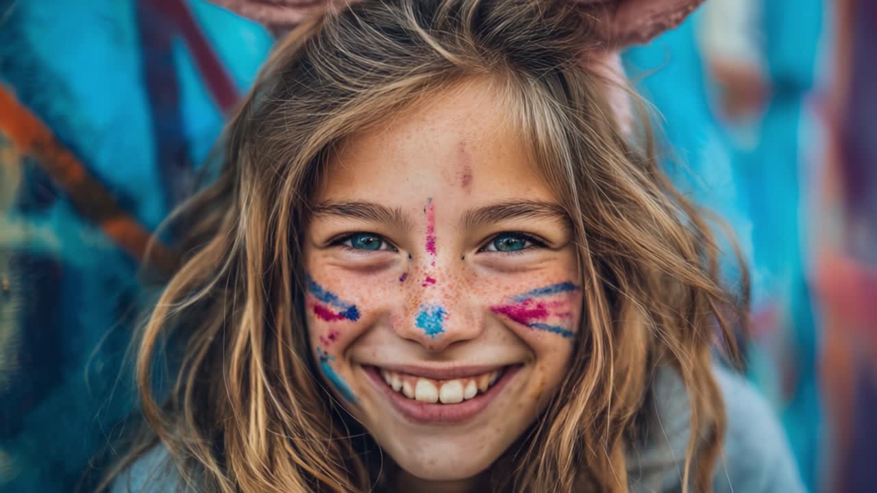 Ein fröhliches junges Mädchen lächelt strahlend mit bunter Kinderschminke und spielerischen Ohren vor einem lebendigen und künstlerischen Hintergrund und fängt pure Freude und Unschuld ein.