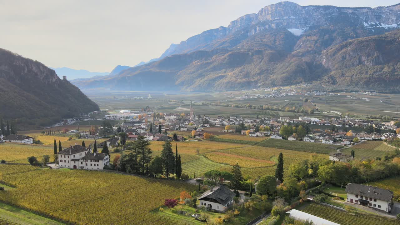 drone aéreo sobre un castillo medieval en medio de los viñedos en italia