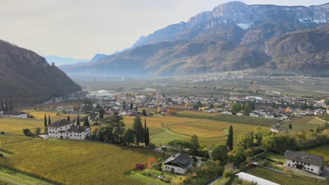 aerial drone over a medieval castle in the middle of the vineyards in italy