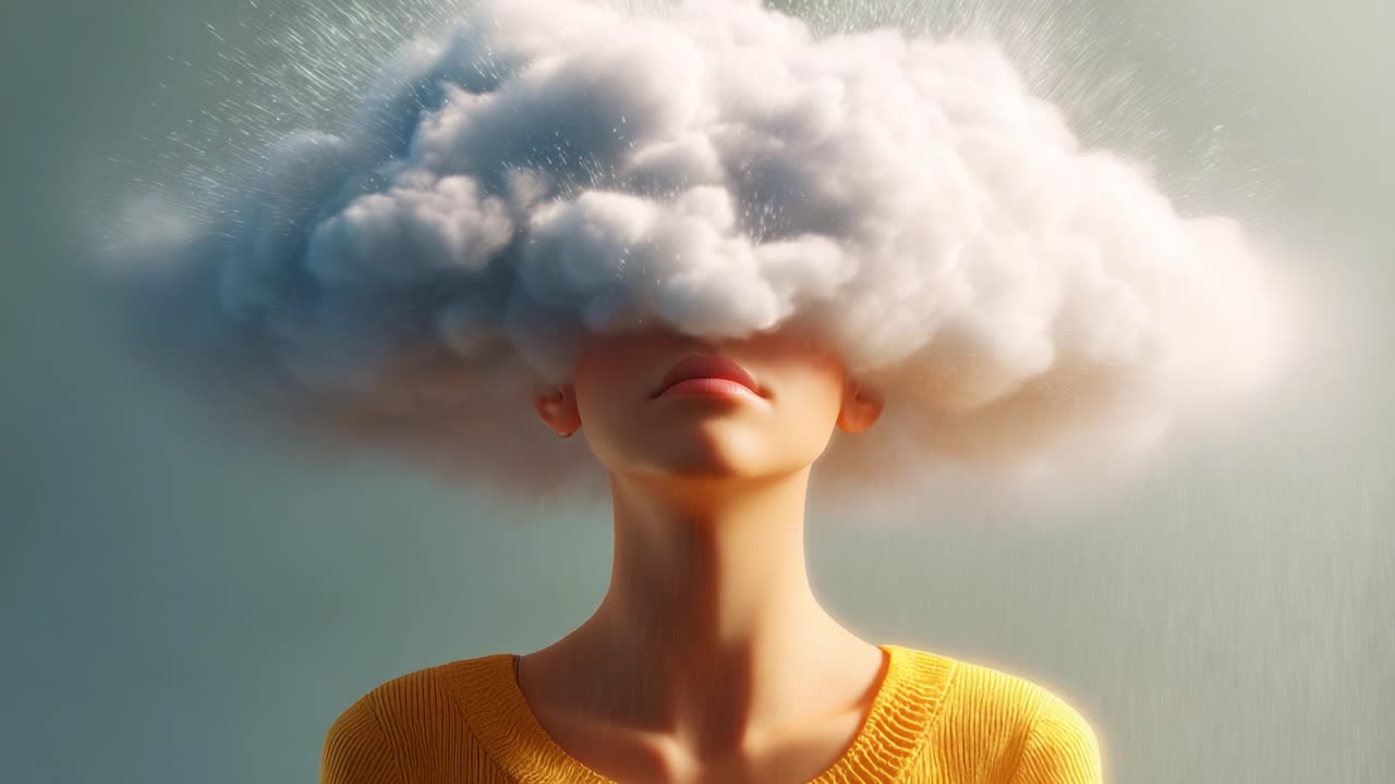 A contemplative figure with a cloud covering their head symbolizes the weight of thoughts and emotions, evoking a sense of introspection, reflection, and the complexity of mental states