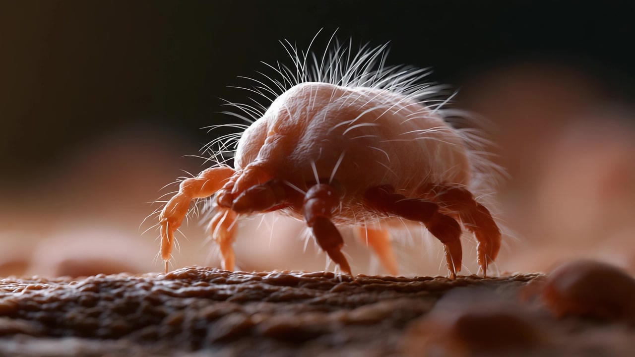 Un Esame Dettagliato di un Piccolo Aracnide: La Struttura e le Caratteristiche Affascinanti di un Acaro Microscopico Inosservato Catturato con Chiarezza Sbalorditiva