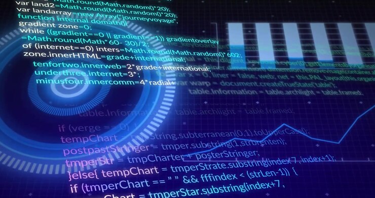 Ring HUD lighting pulsing while code scrolls line graph waving bar chart shifting showing live data