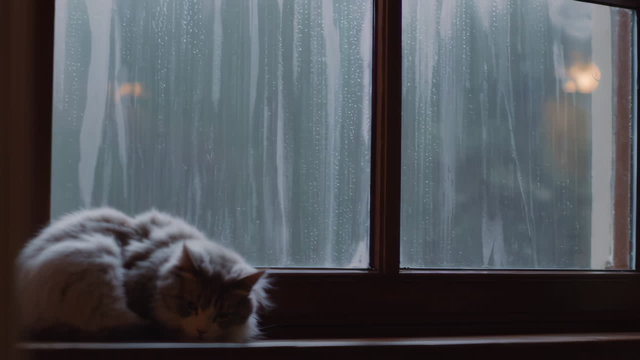 Cat by a rainy window