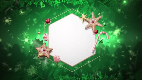 Animation-of-christmas-decorations-around-blank-white-hexagonal-sign-over-green-snowflakes-and-trees