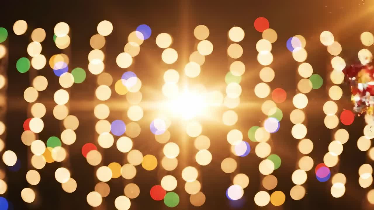 Bokeh lights and confetti in a festive video, captured from a low angle for dynamic effect