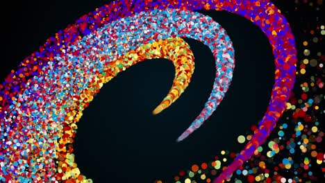 merging three radial stripes of colored particles into a spiral. computer generated 3d render. magical festive background with bokeh and sparkle