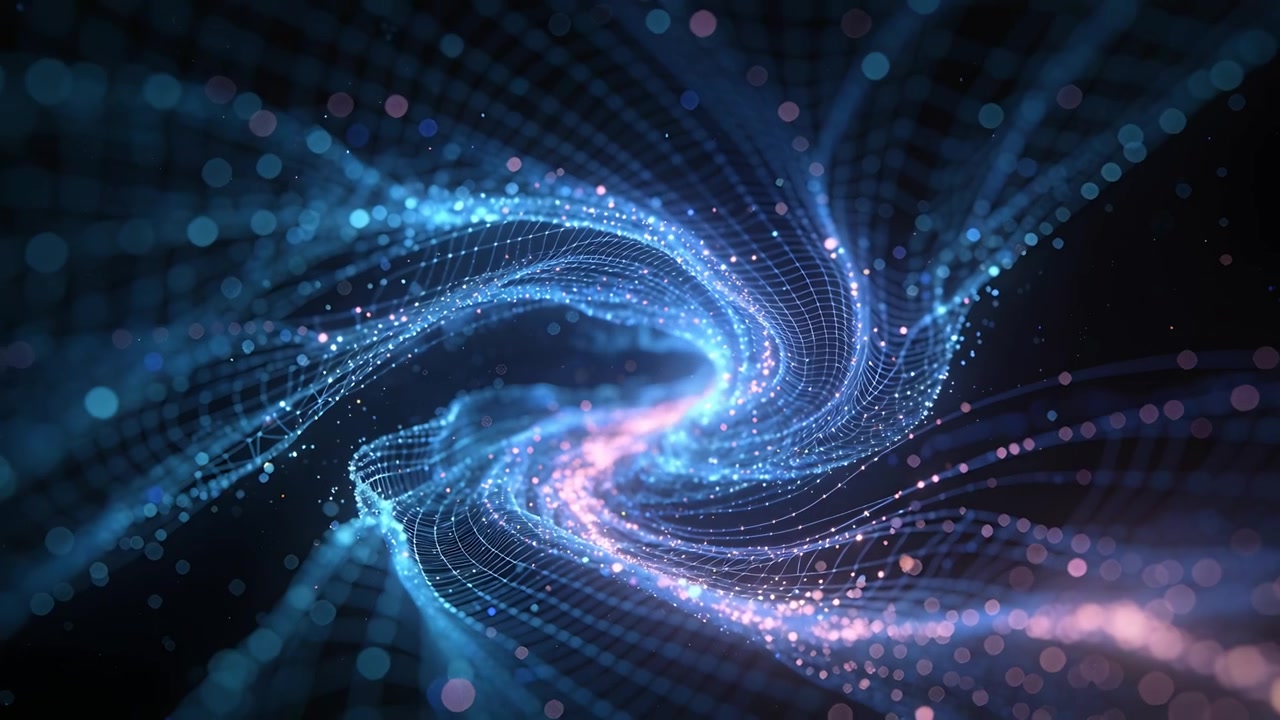 Rotating wireframe mesh pulling particles inward in virtual space, brightening pink spiral core