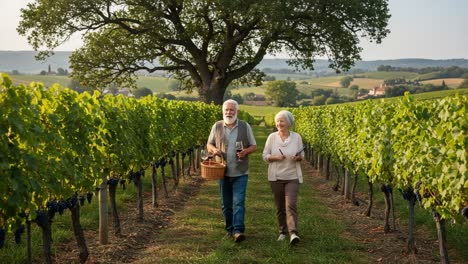 a joyful stroll through a lush vineyard: an elderly couple enjoying the beauty of nature, wine harvesting, and cherished moments together