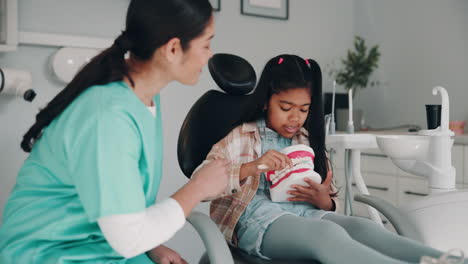 a young girl learning about dental hygiene from a dentist