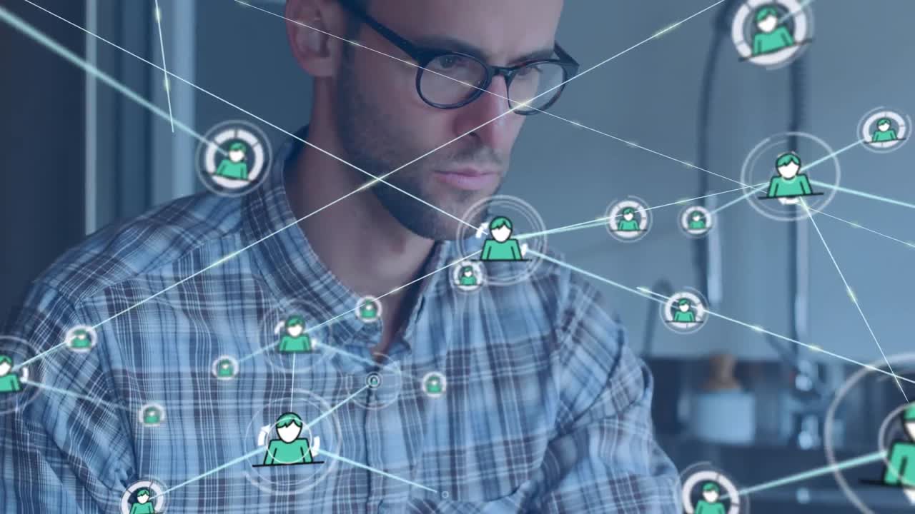 animación de la red de conexiones con iconos sobre empresario caucásico