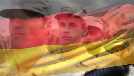 Animation-of-flag-of-germany-over-diverse-male-soldiers-with-weapon