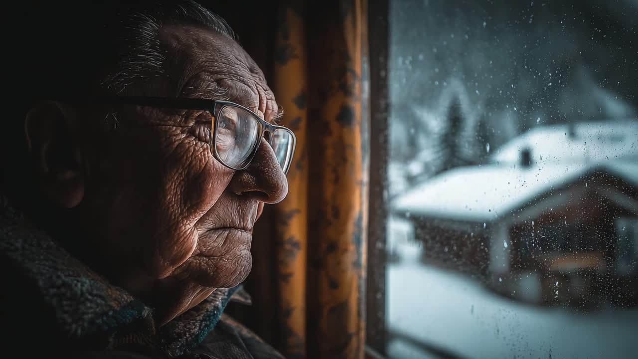 A Reflective Elder Gazes Out Beyond the Window, Contemplating Life's Journey Amidst a Snowy Landscape on a Rainy Day