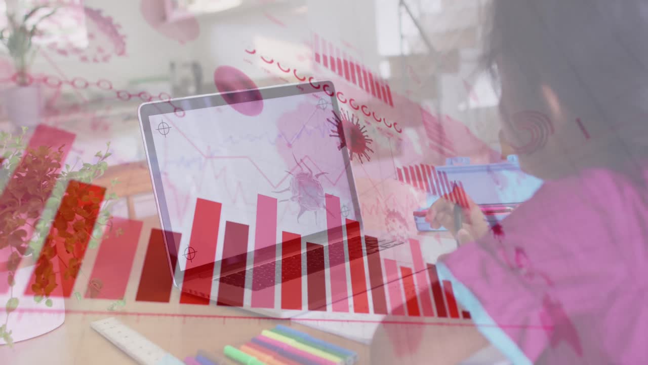 코피 공간이 있는 노트북을 가진 두 인종의 소녀에 대한 바이러스 세포와 그래프의 애니메이션