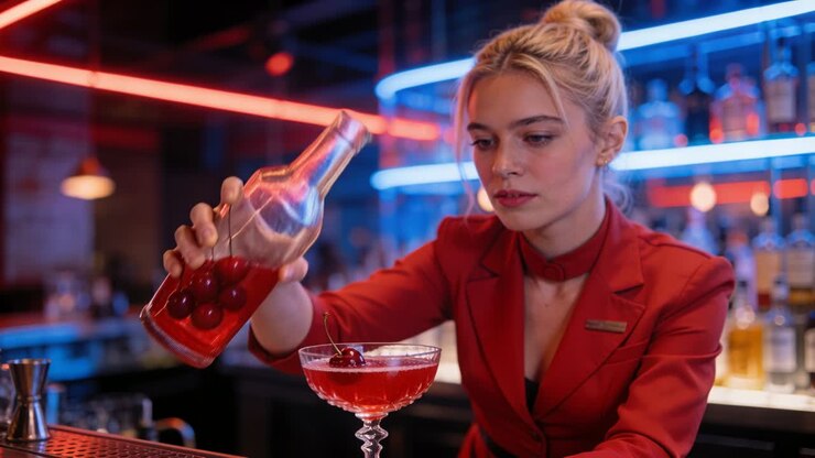 Una barista donna inclina una bottiglia e versa un cocktail rosso in una coppa, mostrando la maestria del bar con luci al neon.