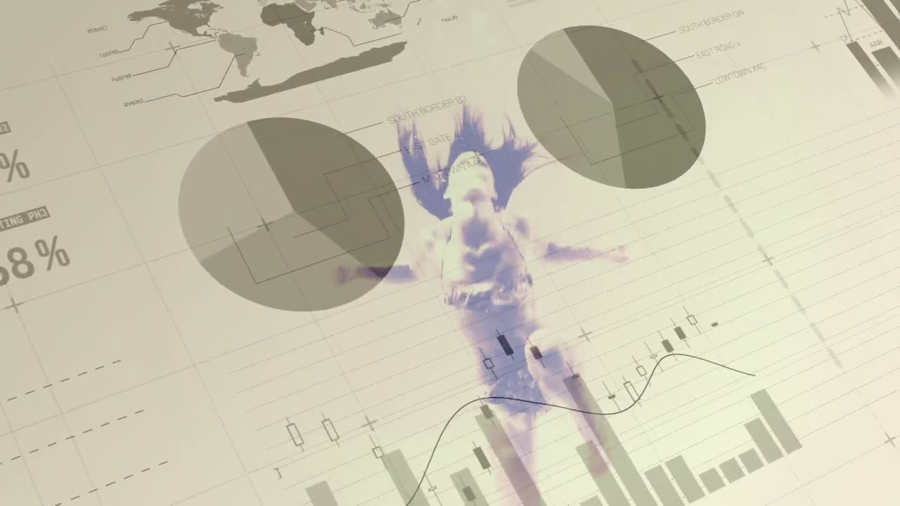 그래프, 곡선, 다이어그램, 정보가 많은 종이가 나타나는 동안 여자 수영