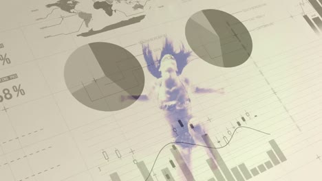 un montón de papeles con gráficos, curvas, diagramas, información mientras que la mujer nadando aparece