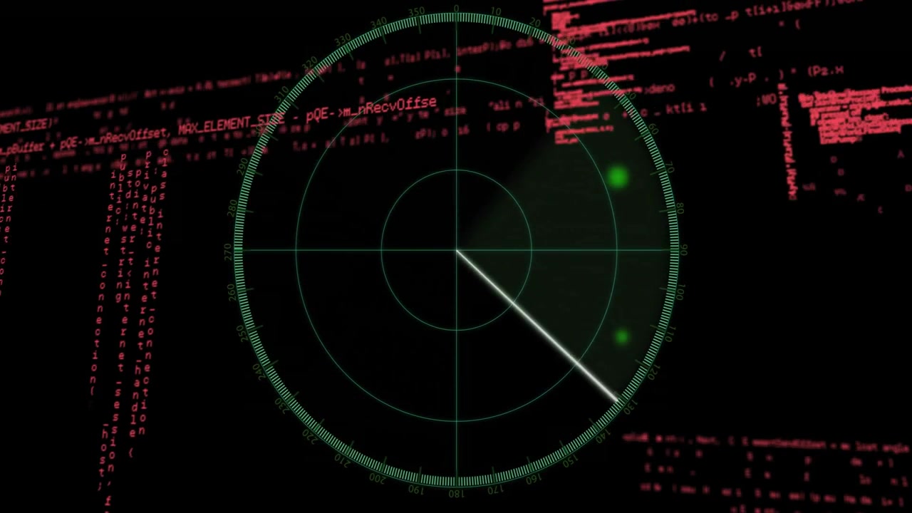 Upon startup radar sweep arm rotating clockwise with green blip pulsing on red code for detection