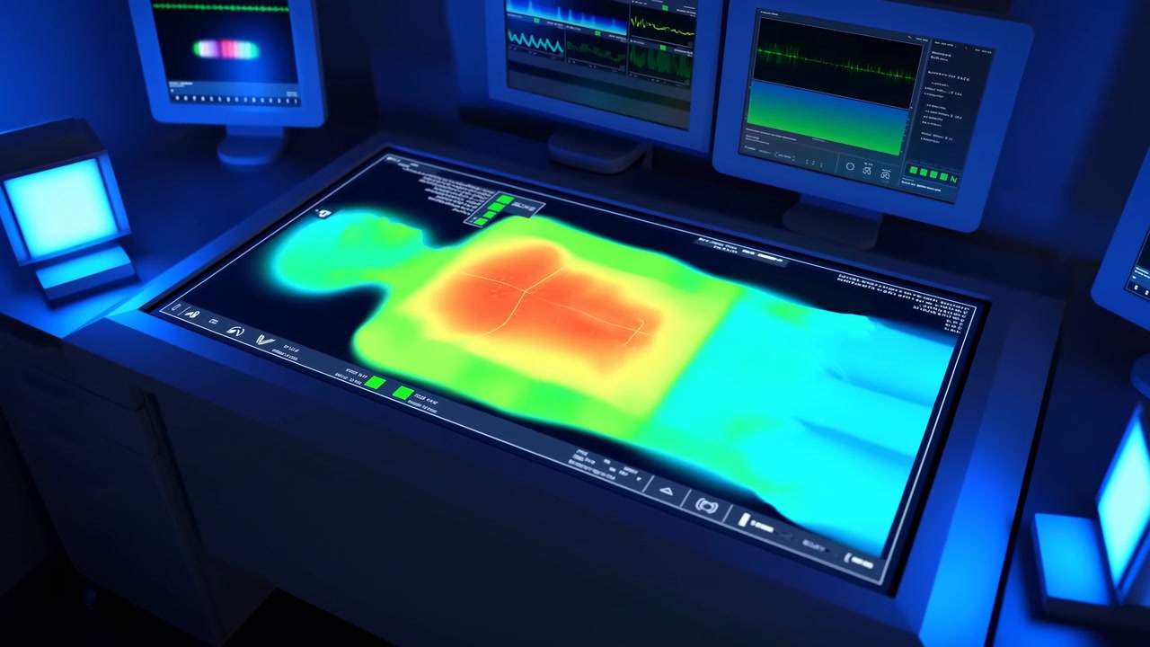 En blå silhuet af en mennesketorso vises på et futuristisk touch-bord i et mørkt kontrolrum, omgivet af overvågningsskærme og blødt neonlys.