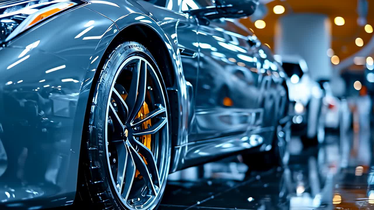 Auto di lusso in esposizione nello showroom. Un'auto lucida mette in mostra le sue ruote e il design all'interno di un moderno showroom automobilistico di giorno.