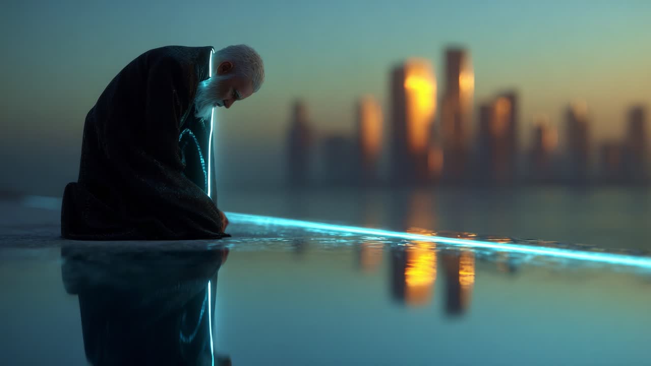 A Meditative Figure Illuminated by Neon Light Reflects on a Tranquil Water Surface Against a Dusk City Skyline, Combining Elements of Nature and Modernity in Harmony