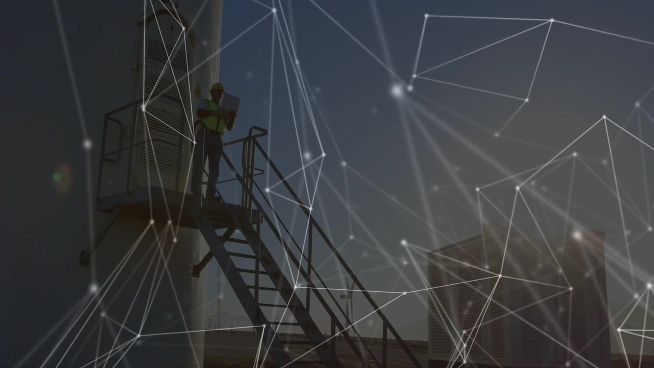Network overlay drifting revealing tech climbing turbine stairs doing maintenance checks with radio