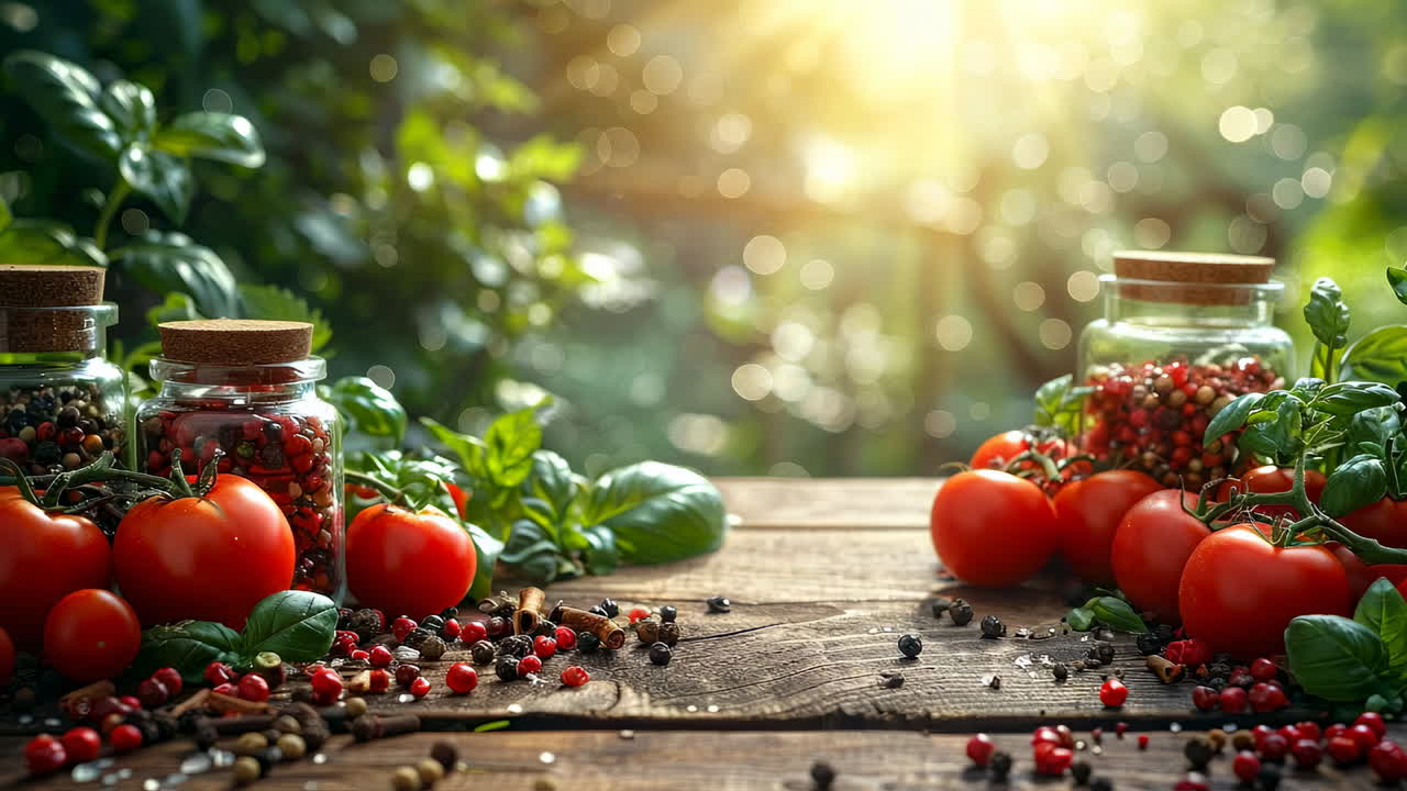 Tomatoes and spices on wood. Bright red tomatoes and colorful spices are arranged on a rustic wooden table under warm sunlight in nature